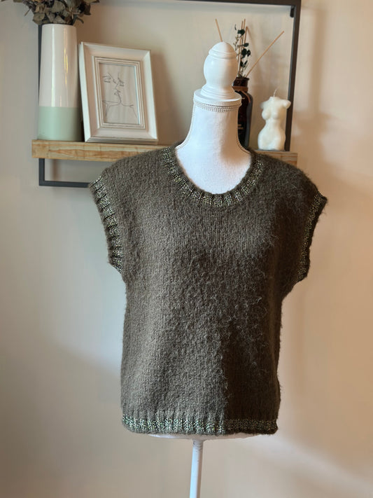 Pull sans manches maille duveteuse laine kaki T.36/38 oversize