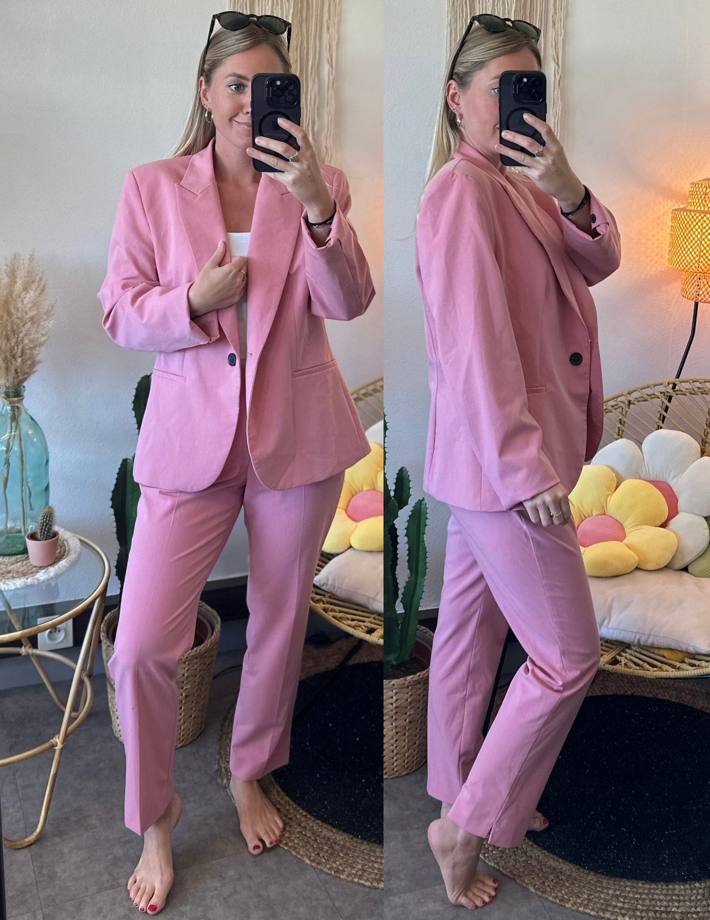 Ensemble de tailleur deux pièces blazer + pantalon rose clair T.38/40