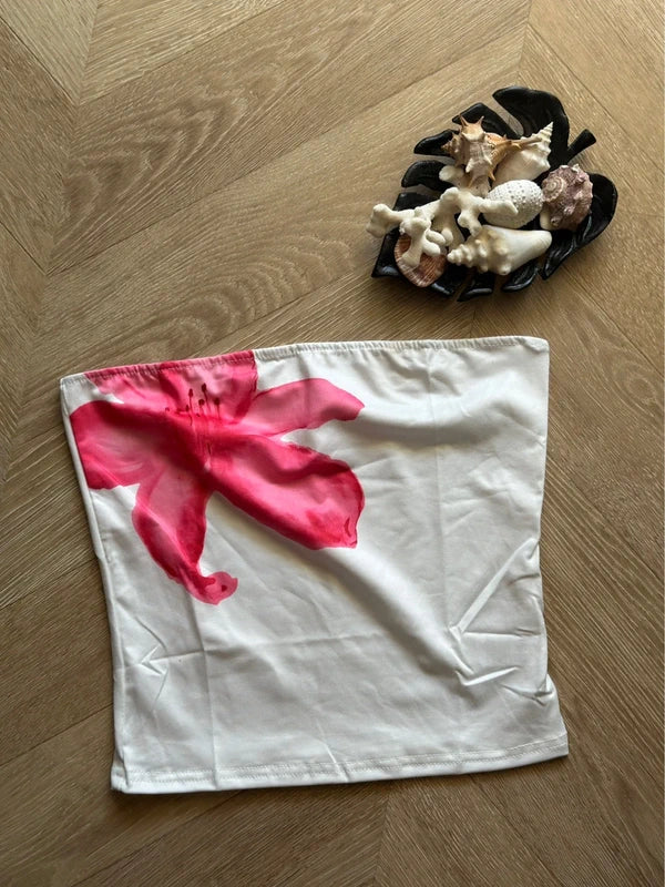 Top bustier imprimé floral blanc rouge et rose neuf T.36
