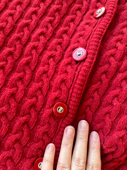 Cardigan rouge en laine, maille torsadée, Vintage T.38/40