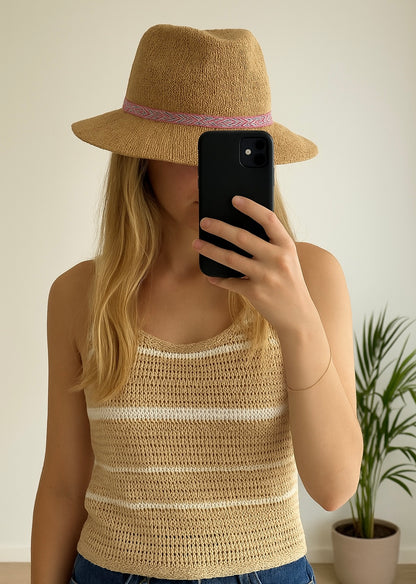 Chapeau de paille avec bande tissée rose T.U