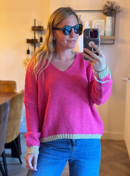 Pull col V rose fuchsia en laine fabriqué en Italie T.U