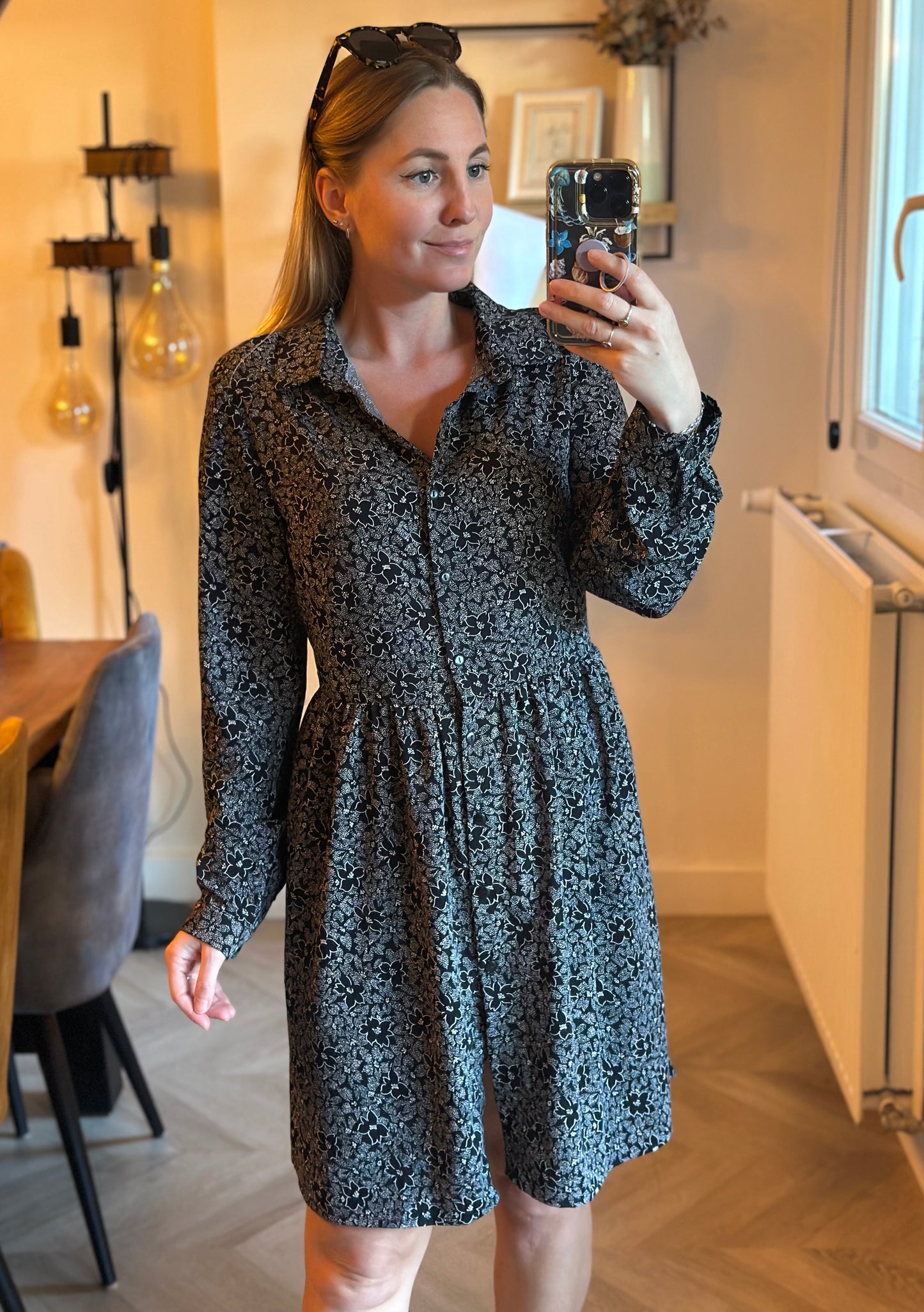 Robe chemise fluide imprimé floral noir et gris T.38
