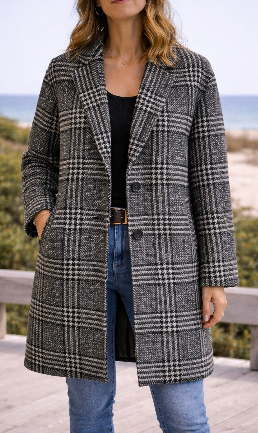 Manteau long à motif pied-de-poule lainé T.34