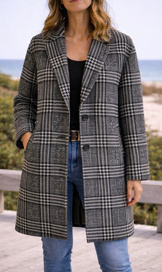 Manteau long à motif pied-de-poule lainé T.34