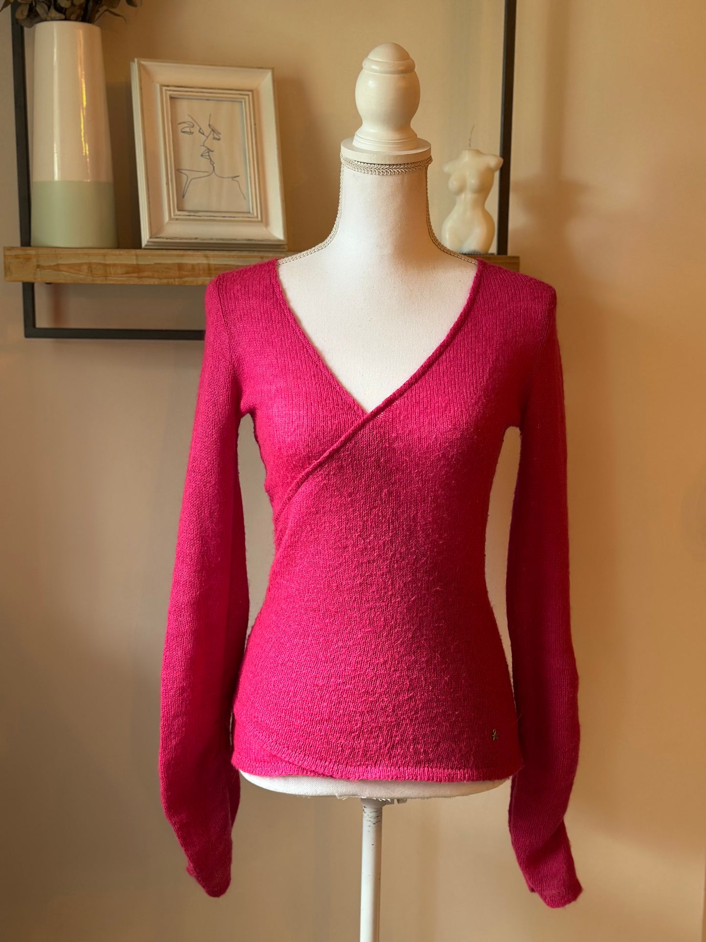 Pull maille fine mohair rose col cache-cœur T.36