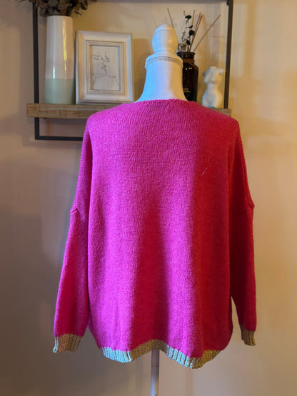 Pull col V rose fuchsia en laine fabriqué en Italie T.U