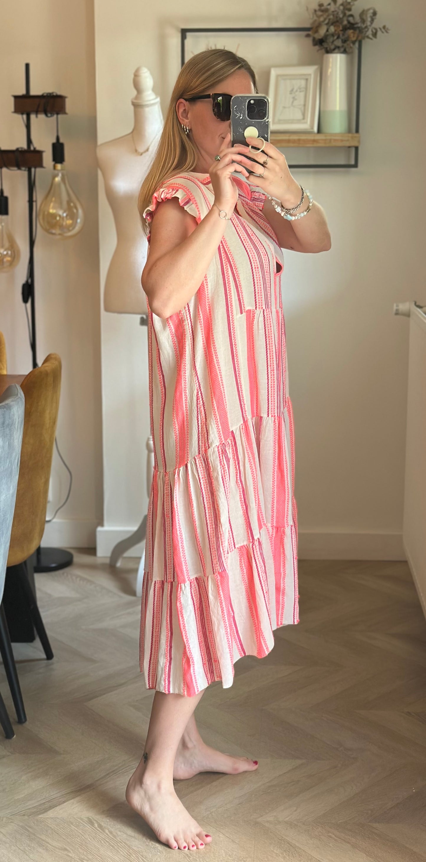Robe bohème rayée rose fluo coton viscose T.U
