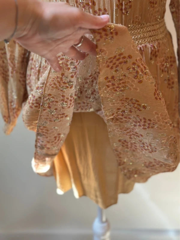 Robe midi imprimé fleuri beige nude et lurex doré taille 34