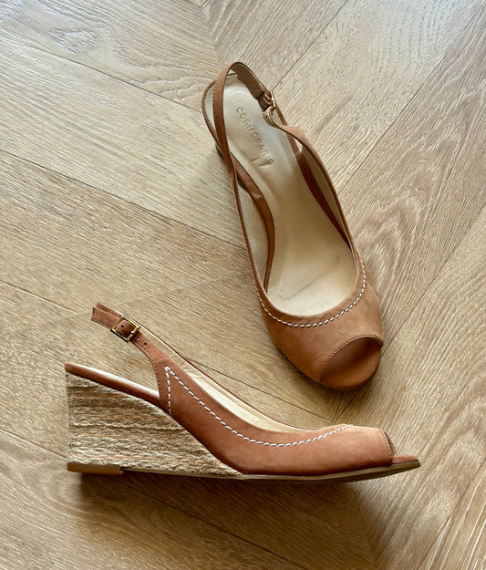 Escarpins compensés en cuir velours camel T.37
