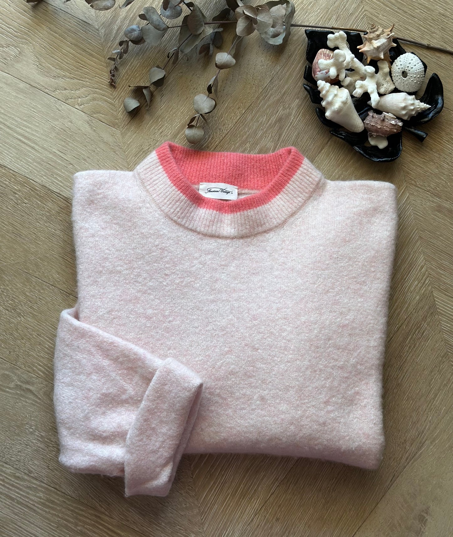 Pull rose en laine American Vintage col contrasté – T.34/36 oversize