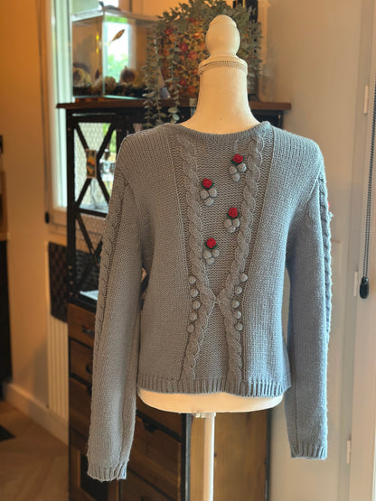 Pull vintage bleu brodé à fleurs (laine) T36