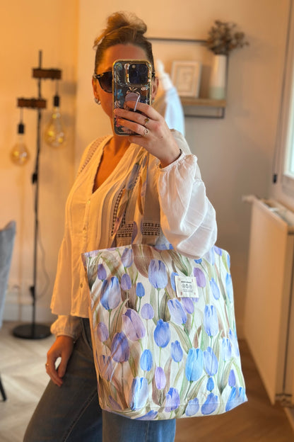 Sac tote bag en tissu imprimé de tulipes lila bleu neuf