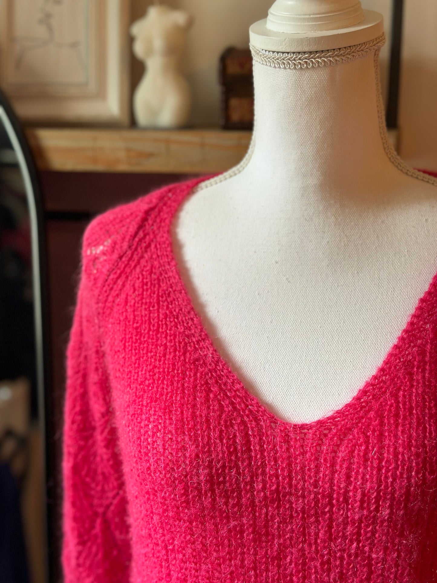 Pull maille ajourée rose mohair T.38/40