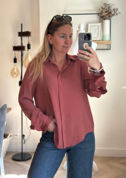 Chemise fluide rose détails plissés col et poignets T.36
