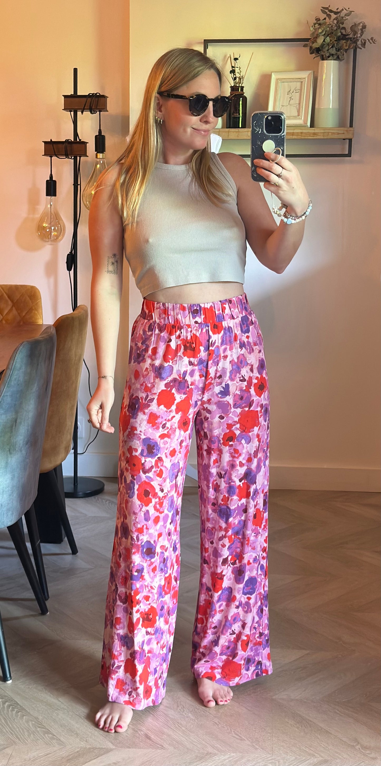 Pantalon fluide large fleuri rose violet neuf T.34