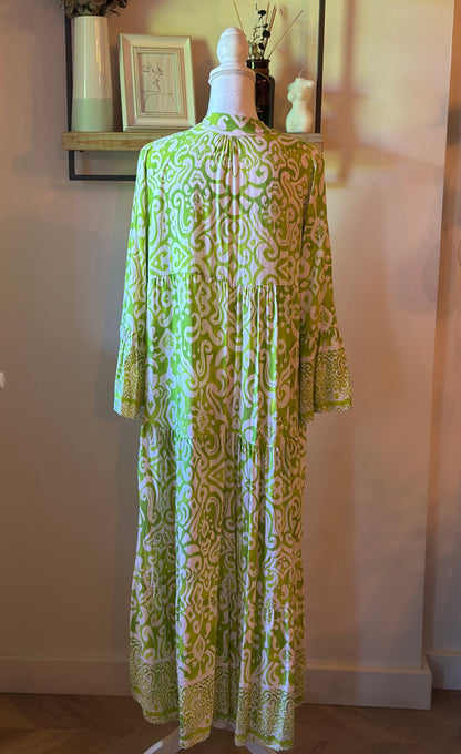 Robe longue bohème imprimé vert et blanc T.U