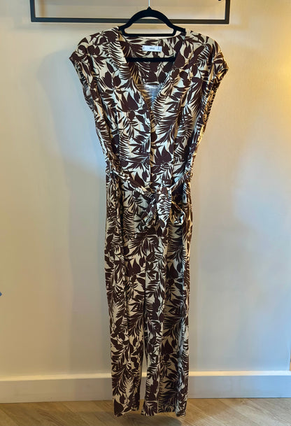 Combinaison fluide imprimé fleuri marron et beige en lin T.36