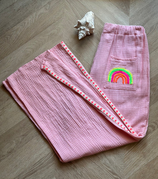 Pantalon rose gaze de coton Made in Italy – Broderie arc-en-ciel T.U 36 à 44