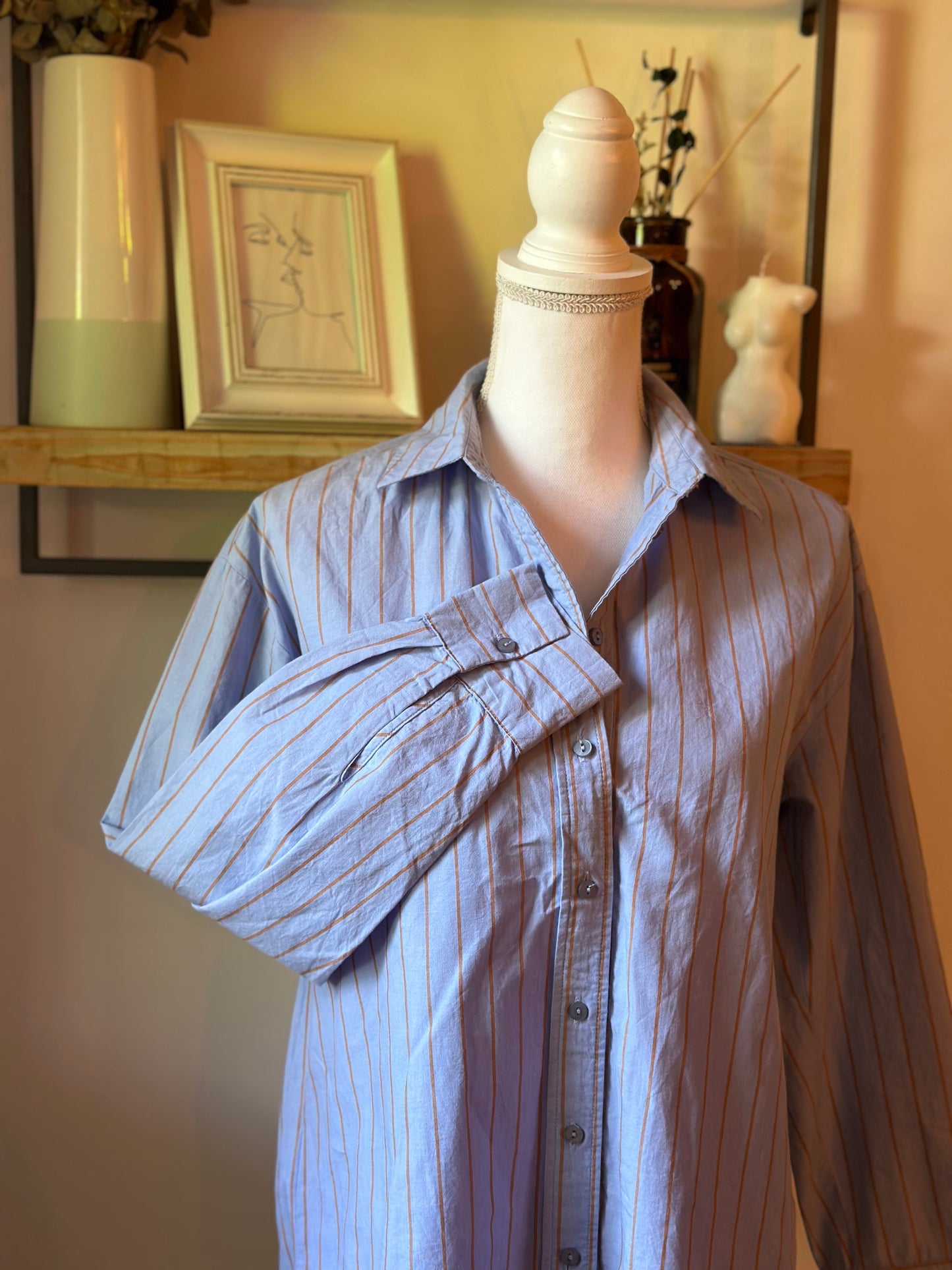 Chemise rayée bleu ciel et camel en coton bio T.34 oversize