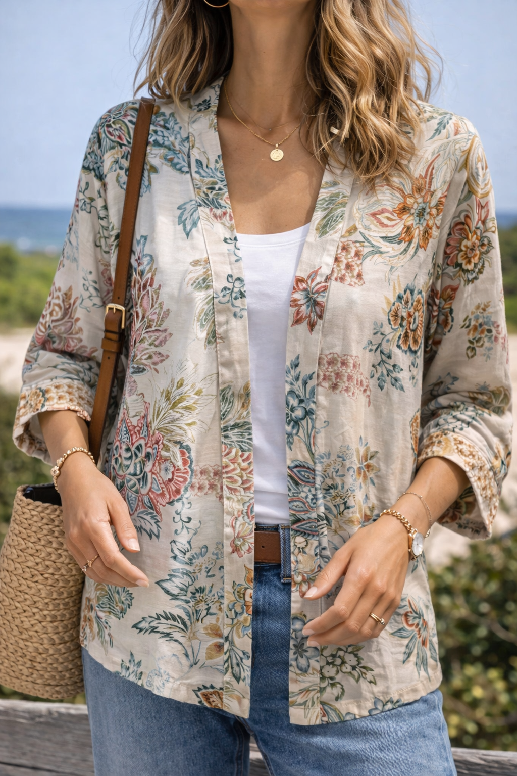 Kimono fluide crème à motifs fleuris T.unique