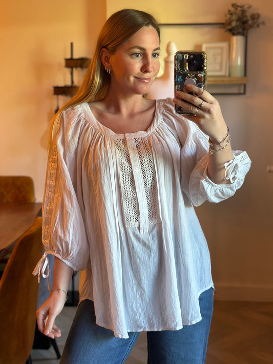 Blouse bohème brodée blanche en coton T.40