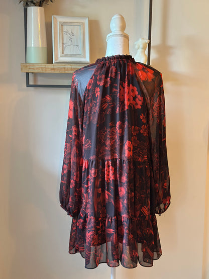 Robe fluide fleurie noir & rouge T.38