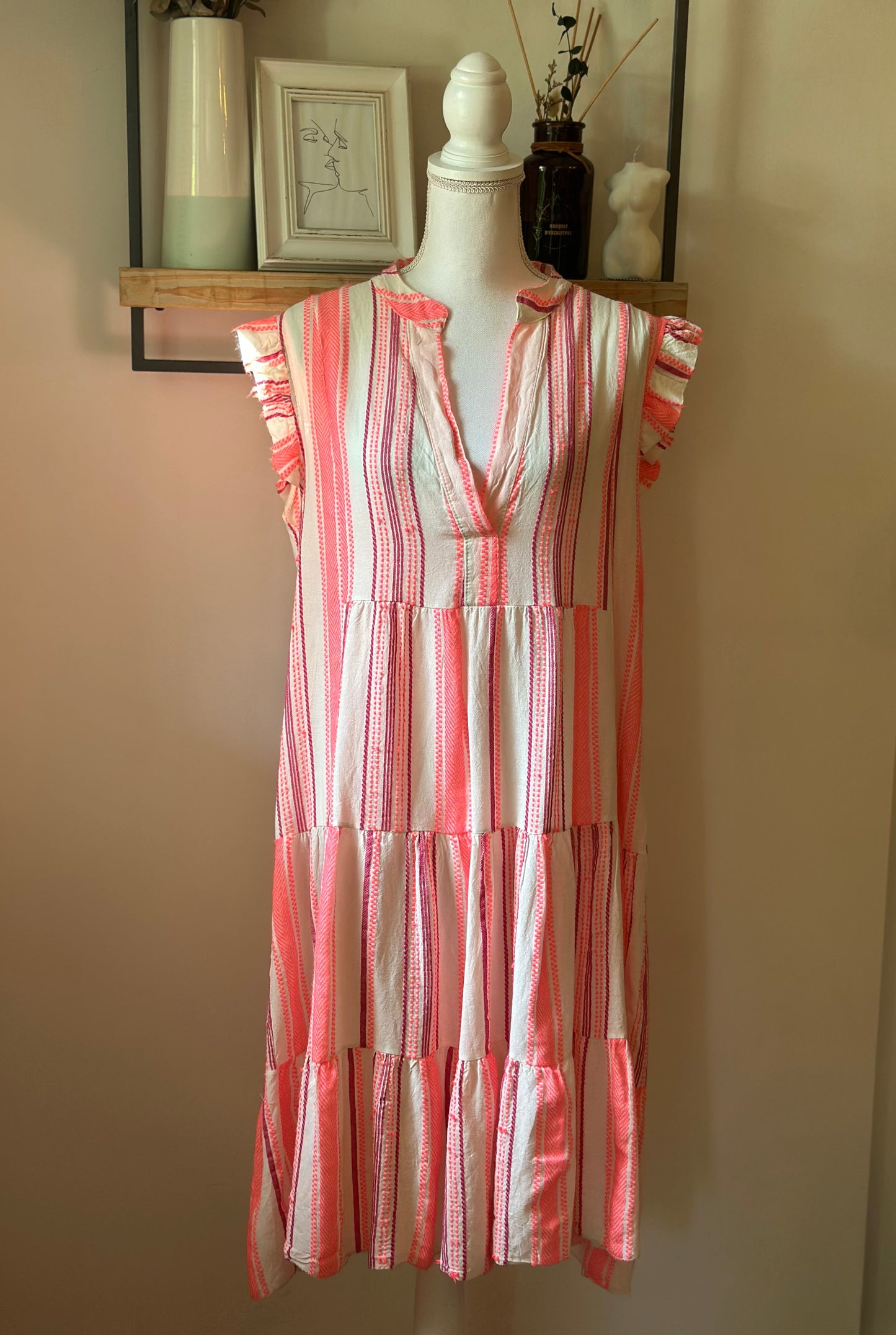 Robe bohème rayée rose fluo coton viscose T.U
