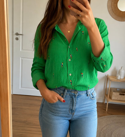 Chemise verte imprimé perroquets 100% coton T.38