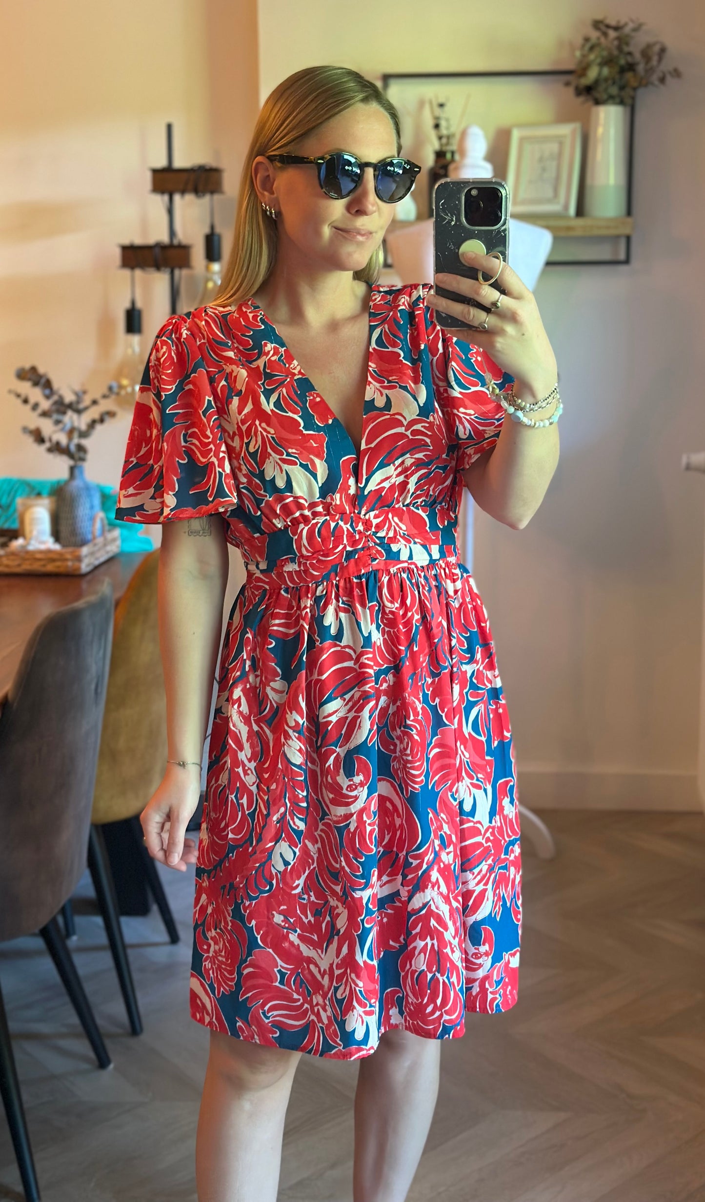 Robe fluide imprimé tropical rouge bleu T.38/40