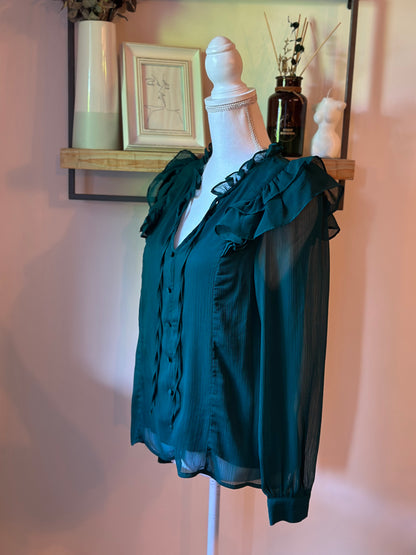 Blouse volantée vert sapin Nafnaf voile fluide T.38