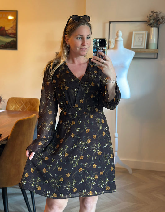 Robe midi en toile noire avec imprimé de fleurs colorées, T.42