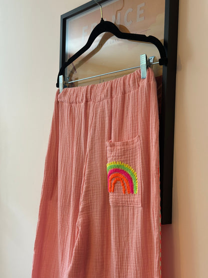 Pantalon rose gaze de coton Made in Italy – Broderie arc-en-ciel T.U 36 à 44