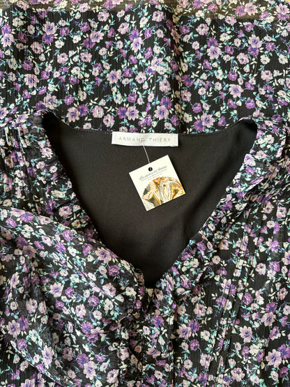 Blouse noire à motifs fleuris lilas T.38