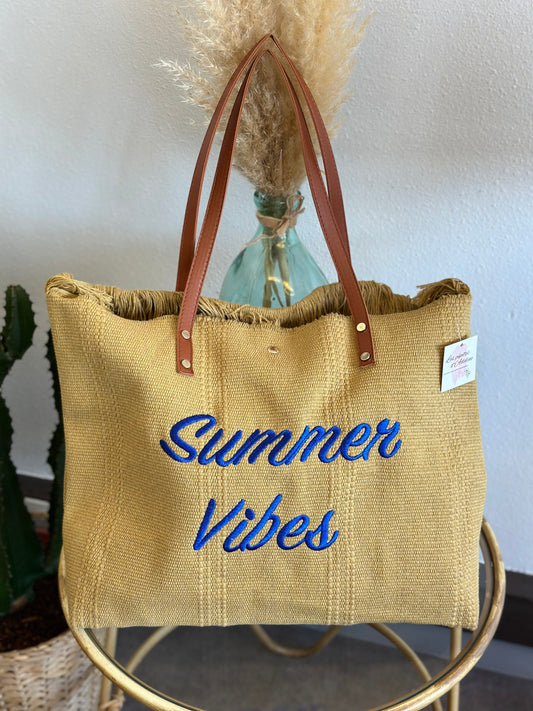 Sac cabas en osier porté épaule, imprimé Summer Vibes