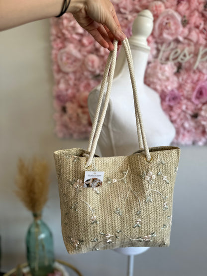 Sac cabas tissé en toile imprimée à fleurs, porté épaule