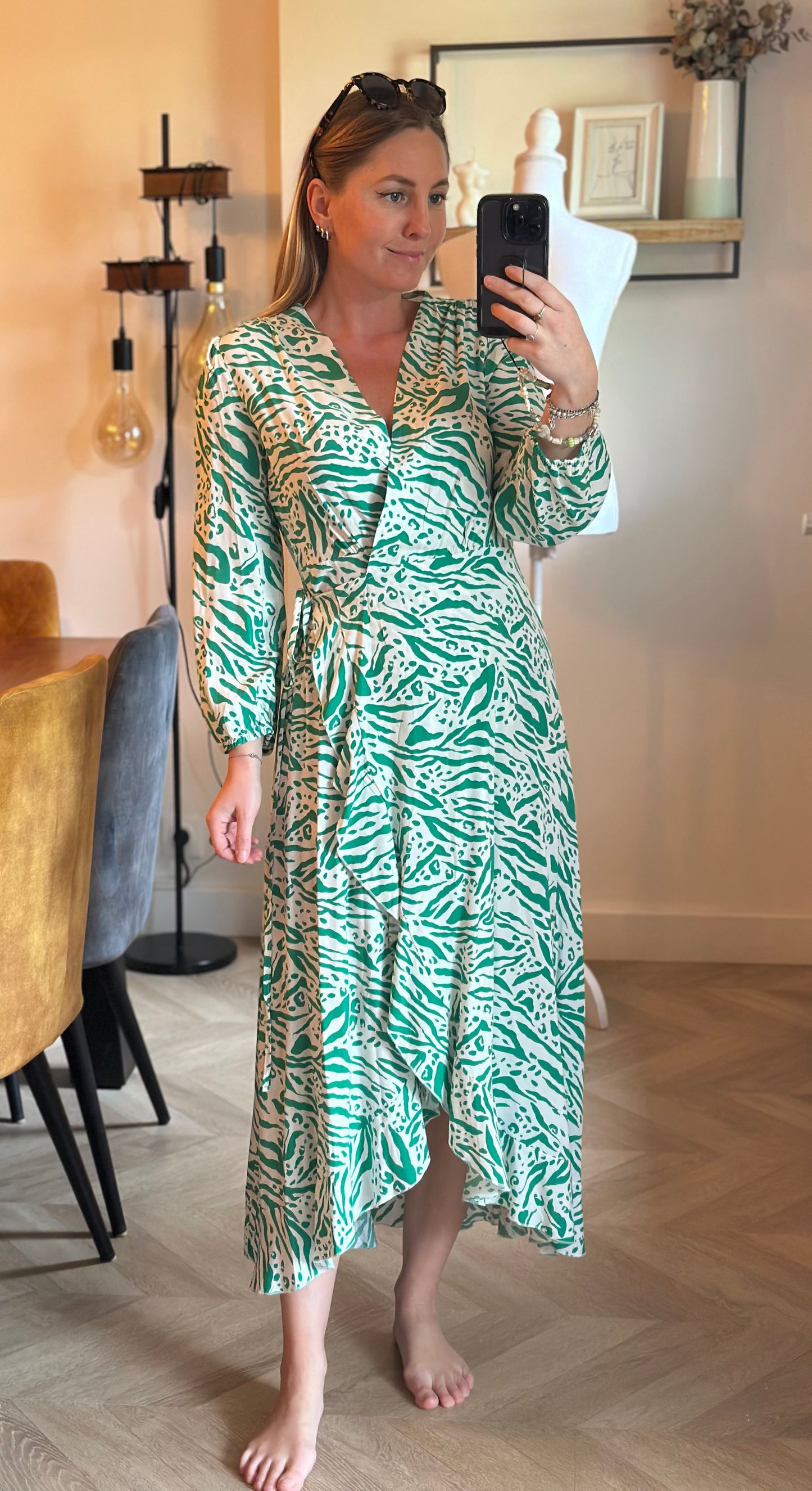 Robe portefeuille imprimée verte & écru T.36