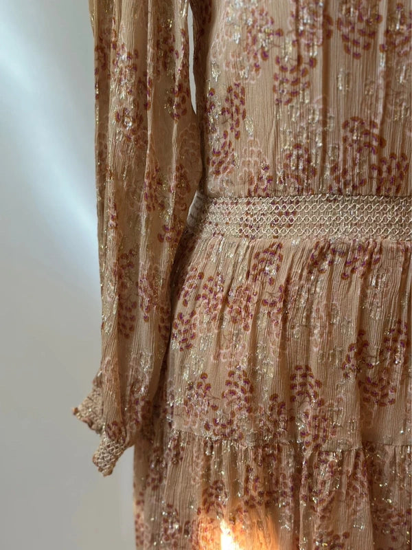 Robe midi imprimé fleuri beige nude et lurex doré taille 34