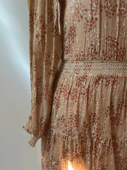Robe midi imprimé fleuri beige nude et lurex doré taille 34