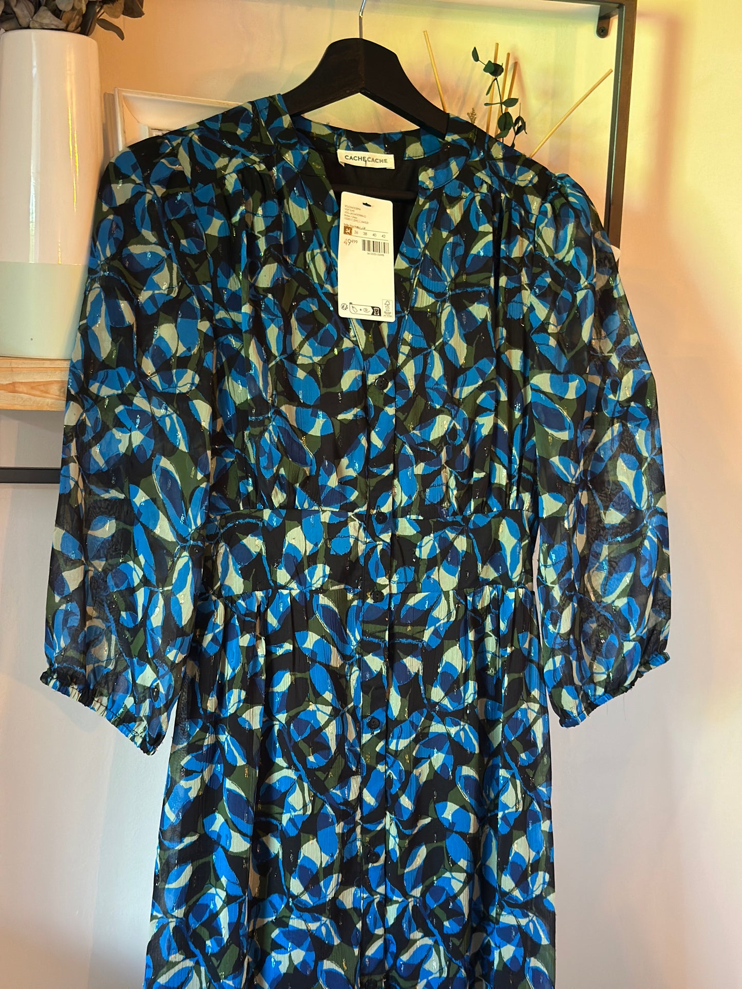 Robe longue imprimé graphique bleu neuve avec étiquette T.34