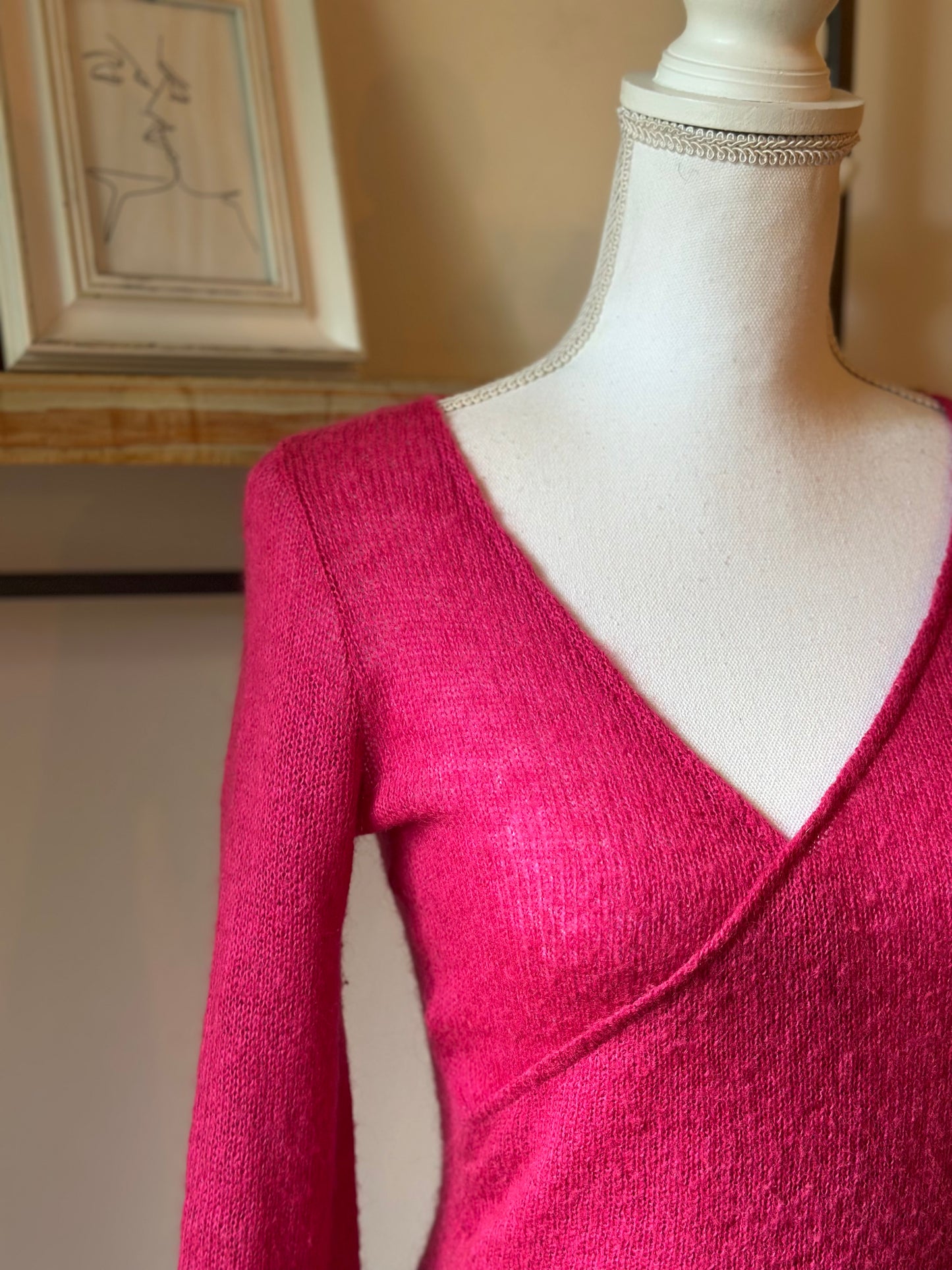 Pull maille fine mohair rose col cache-cœur T.36