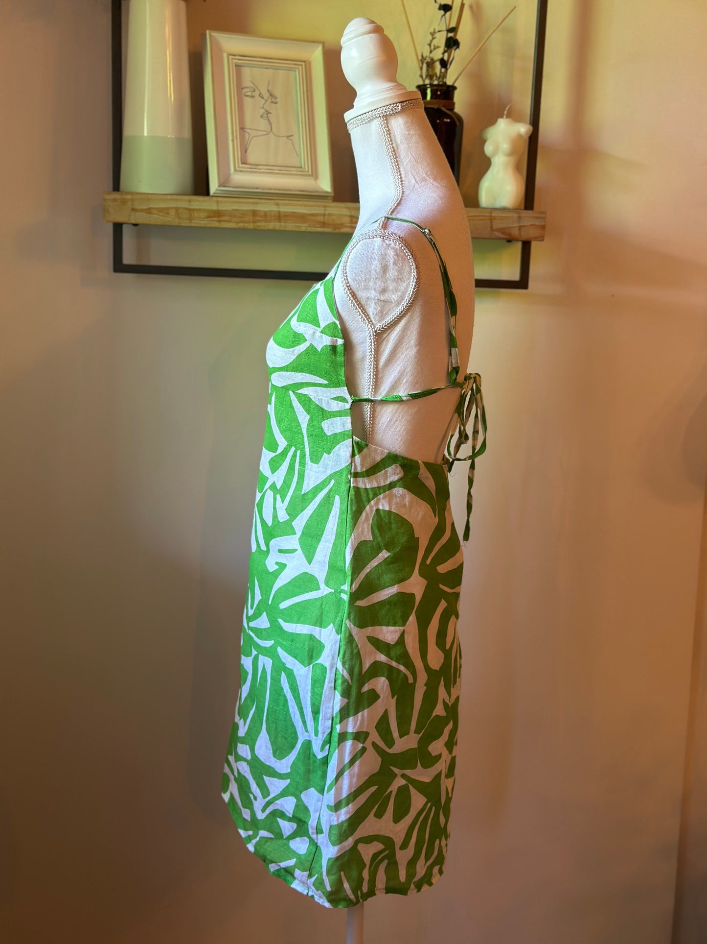Robe dos nu imprimé tropical vert blanc en lin Made in Italy T.36