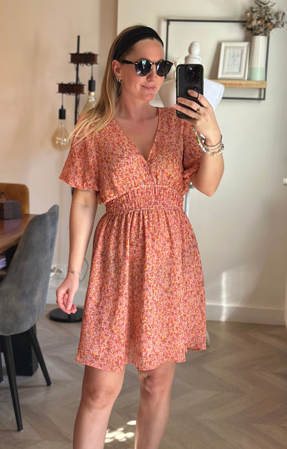 Robe midi fleurie col V smockée T.34