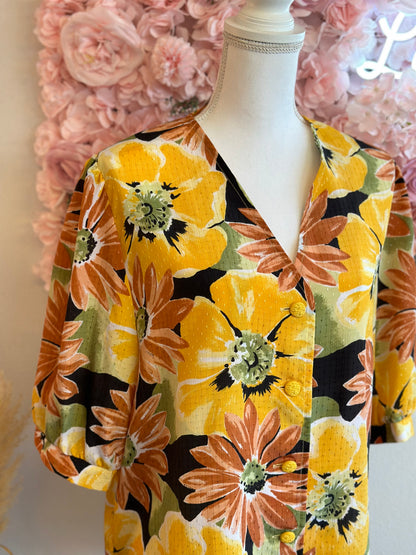 Chemise jaune imprimée fleurs, modèle vintage, T.U