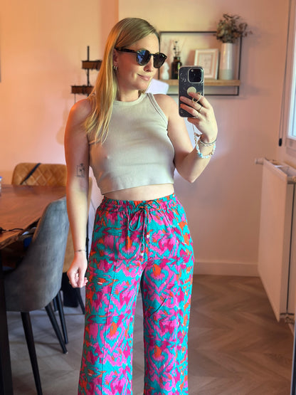 Pantalon fluide large imprimé rose et turquoise T.34 neuf