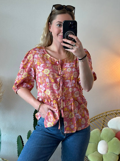 Blouse avec nœud, motifs fleuris rose orange, T.36/38