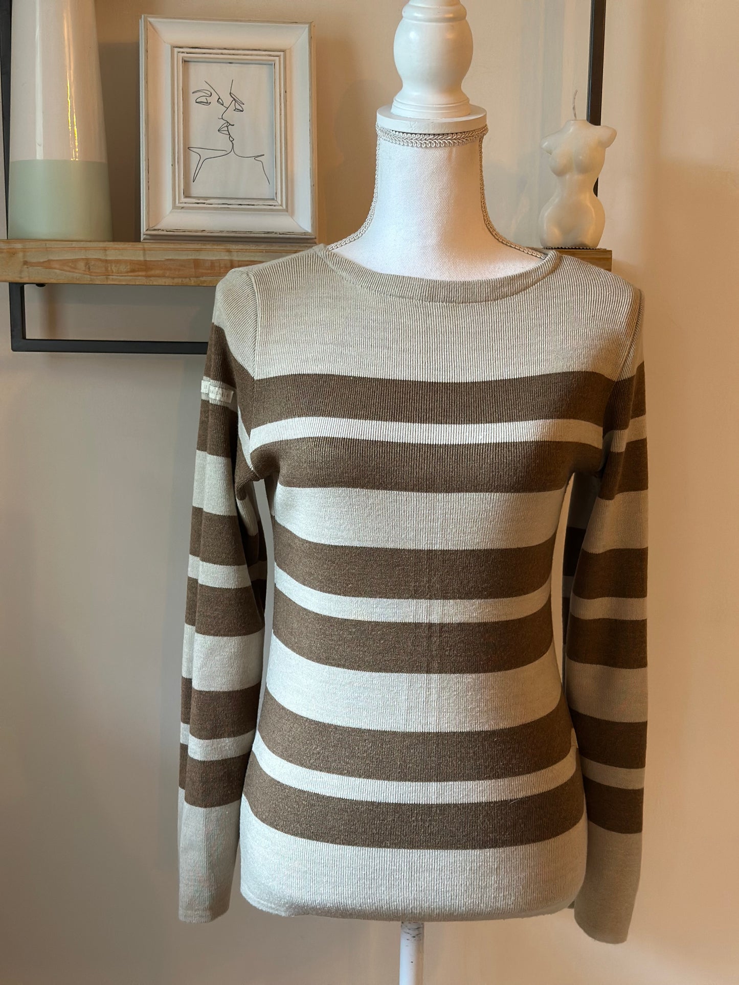 Pull marinière beige et marron laine mérinos fabriqué en France T.38