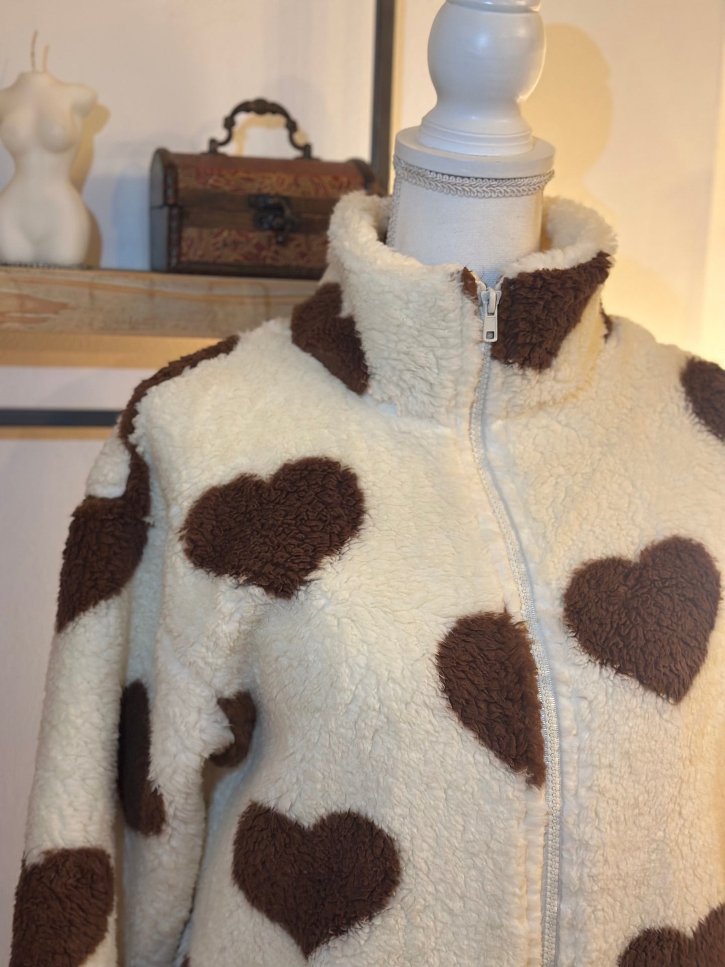 Veste teddy à cœurs marron neuf T.36/38 oversize