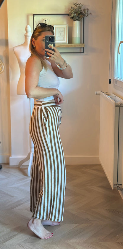 Pantalon large rayé lin coton fluide été beige & marron T.34