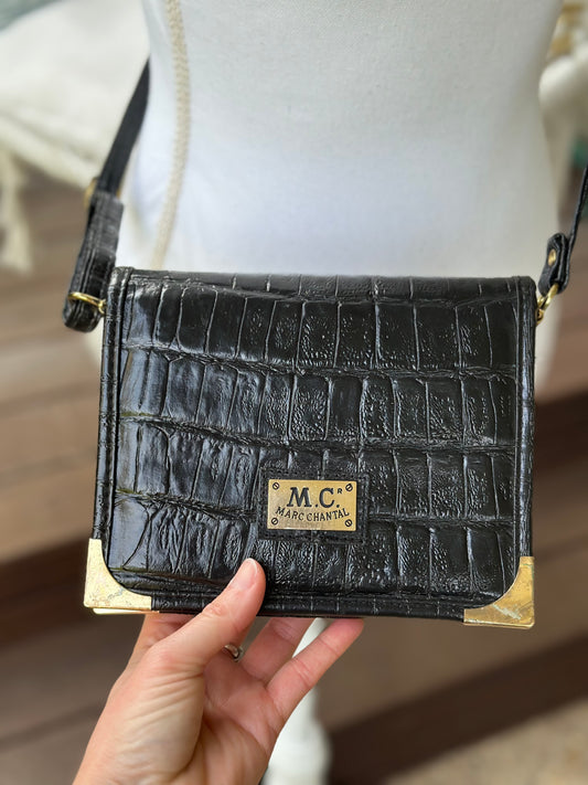 Sac bandoulière cuir noir effet croco vintage